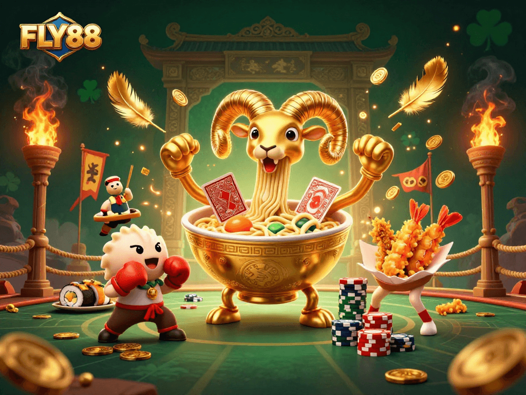 FLY88 offers an exciting gambling experience with vibrant characters in a lively casino scene.