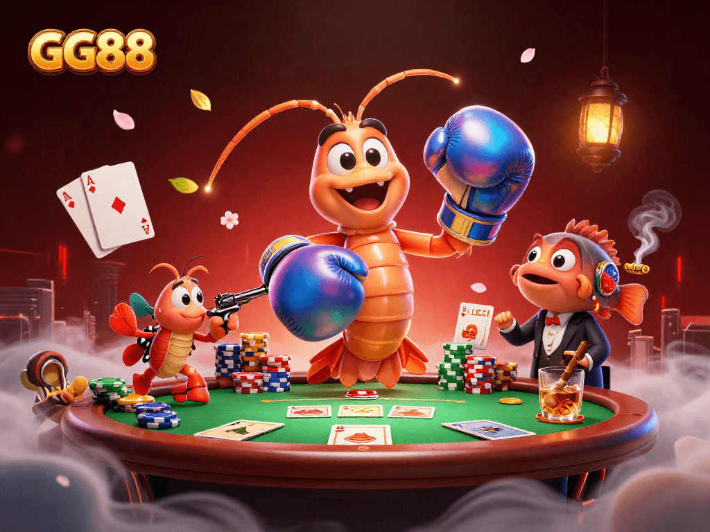 Engage in thrilling poker action at GG88 with animated shrimp characters and dynamic gaming elements.