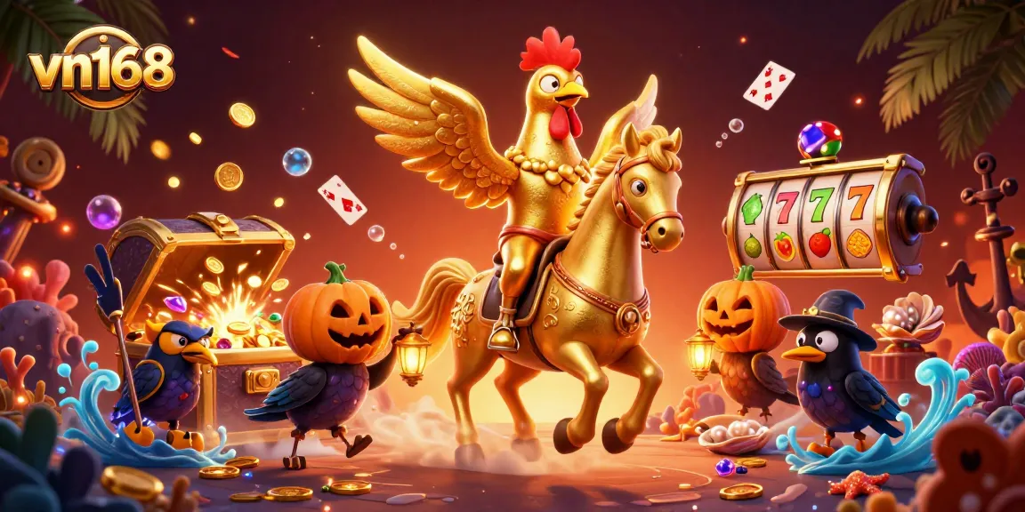Activate the vn168 casino excitement with the golden rooster riding through a treasure-filled casino.