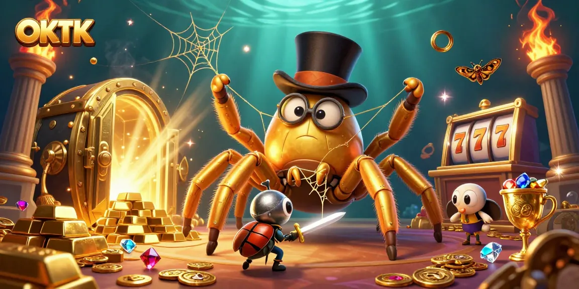 Experience the thrill of OKTK with a dynamic casino scene featuring a golden tarantula and beetle knight.