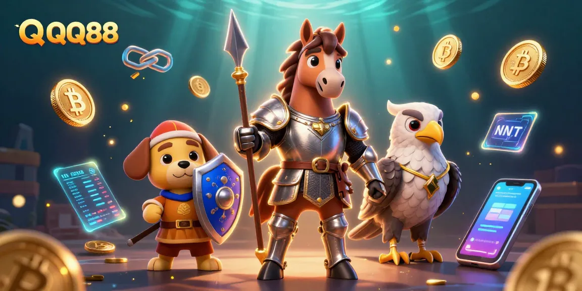Experience the thrill of QQ88 with a vibrant gaming illustration featuring knight characters and crypto elements.