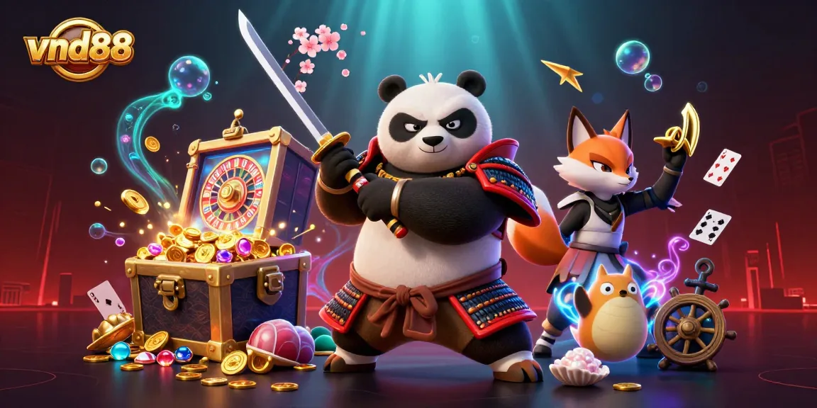 Engaging vnd88 digital illustration featuring a fierce samurai panda and its companions amidst dynamic gaming elements.