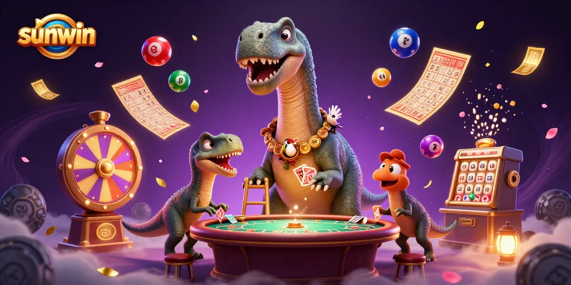 Engage with the sunwin casino scene featuring a giant brontosaurus and clever raptor in a vibrant gambling atmosphere.
