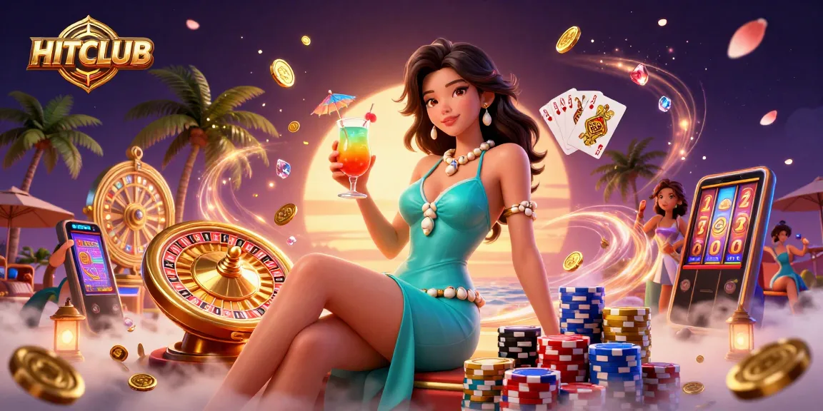 Engage in thrilling gaming at HITCLUB with vibrant slot machines, roulette, and tropical ambiance.