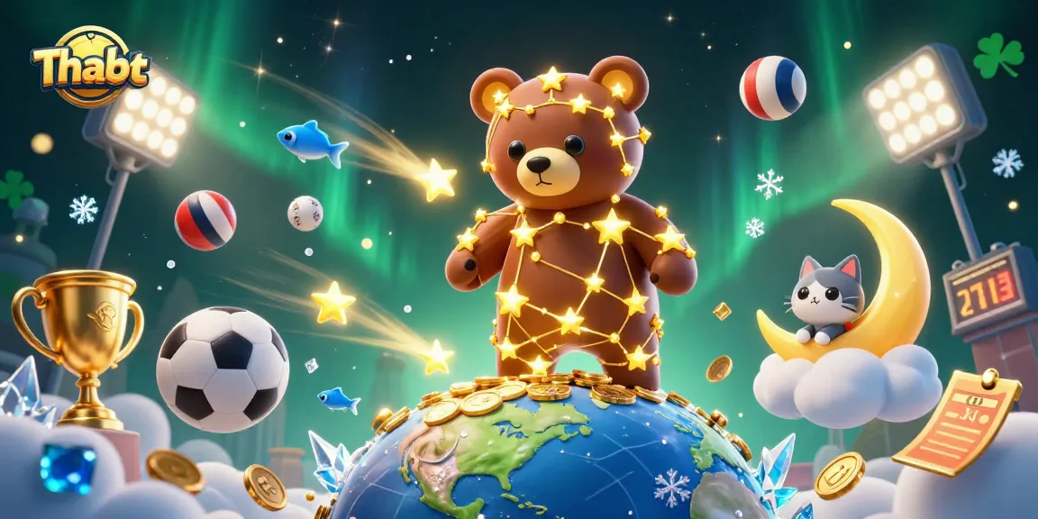 Thabet casino scene with a constellation bear and sports elements, celebrating winning moments.
