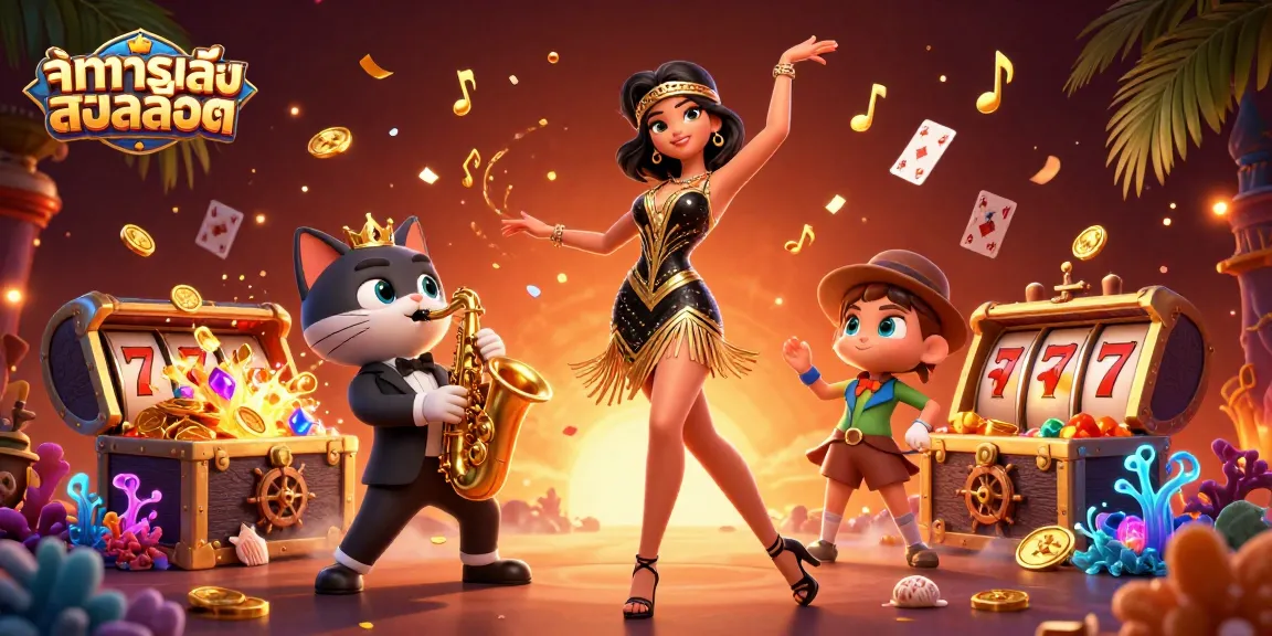 Engage with ทดลองเล่นสล็อต as you spin the vibrant slot reels among a dynamic scene of gold coins and musical celebration.
