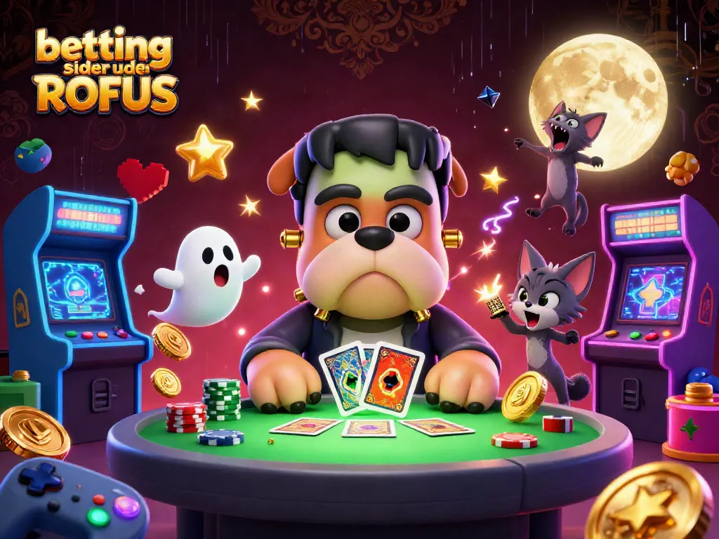 Engaging scene depicting betting sider uden ROFUS with cartoon characters and casino elements, showcasing fun gaming action.