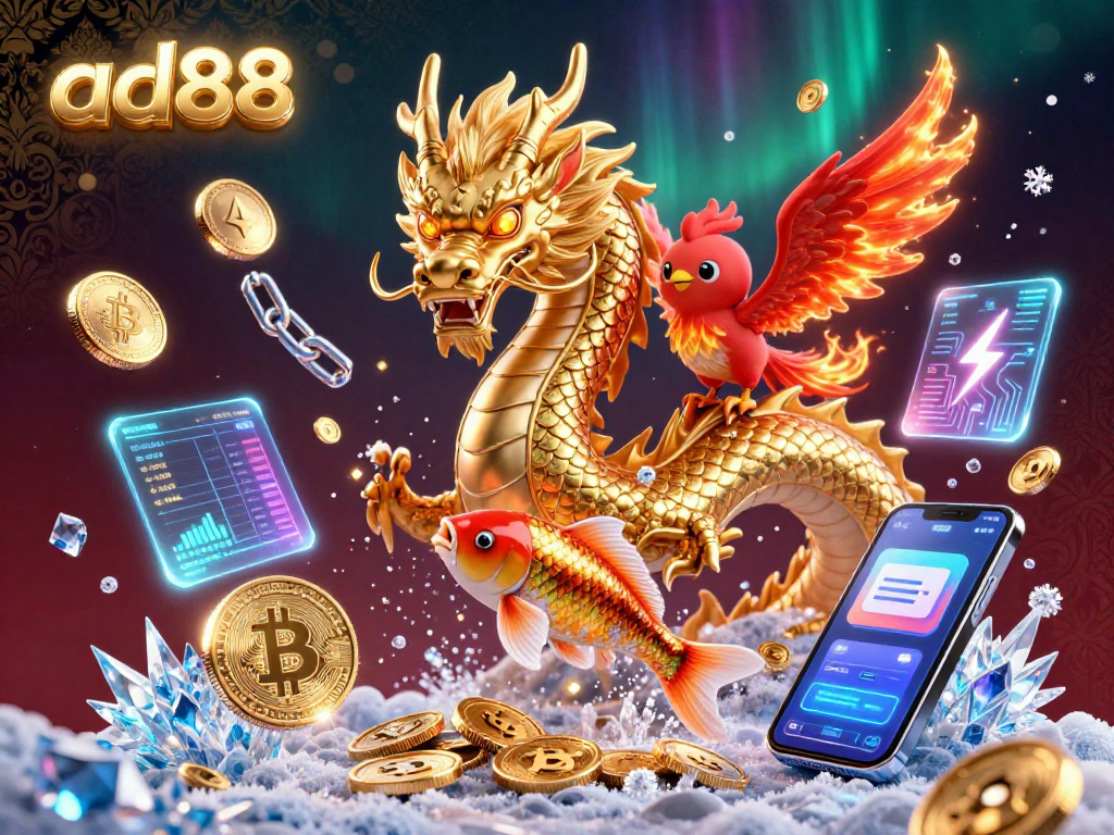 Experience ad88's vibrant casino adventure with a fierce dragon, winning coins, and cryptographic elements.