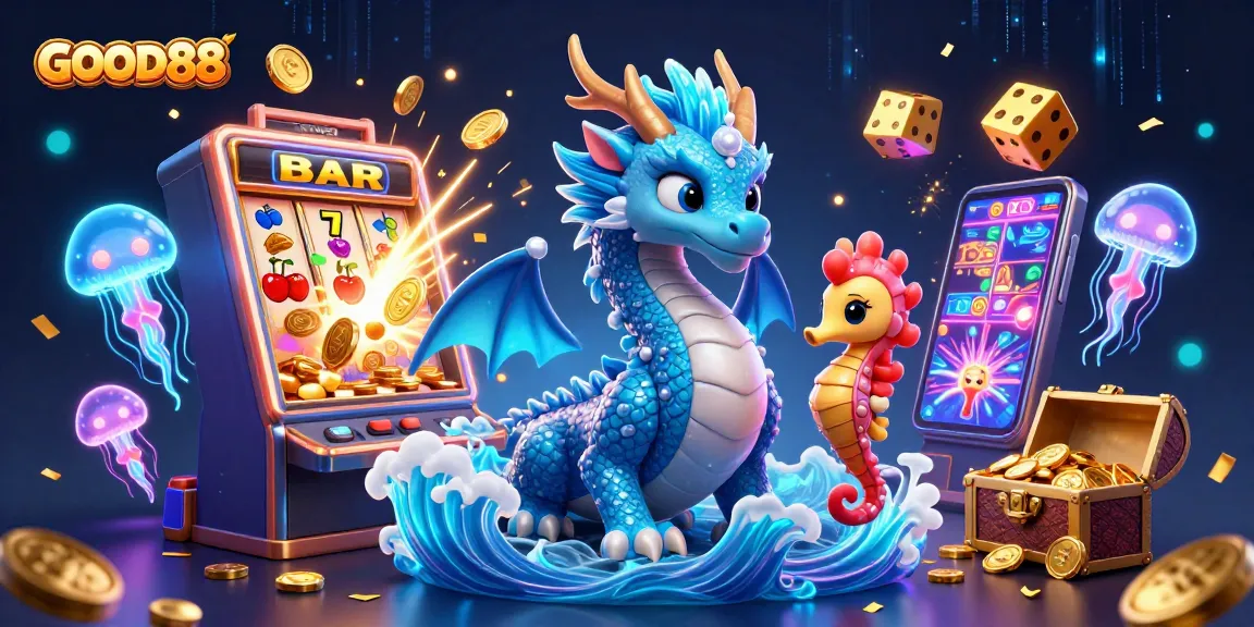 Play exciting games at GOOD88 with a vibrant casino scene showcasing thrilling slots and glowing characters.
