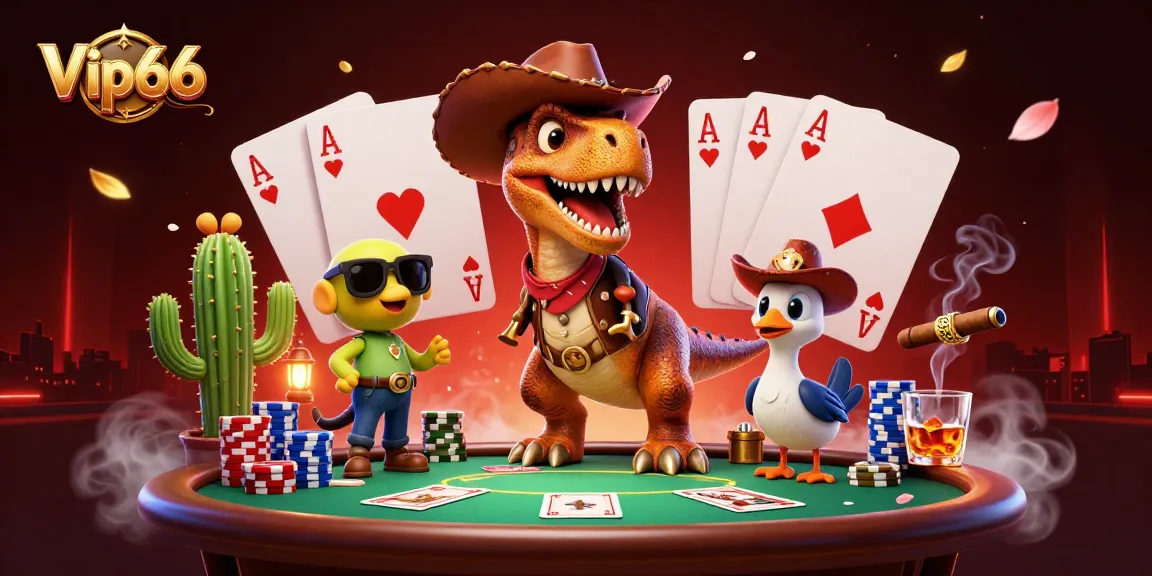 Vip66 invites players to experience vibrant poker action with a T-Rex and friends at the card table.