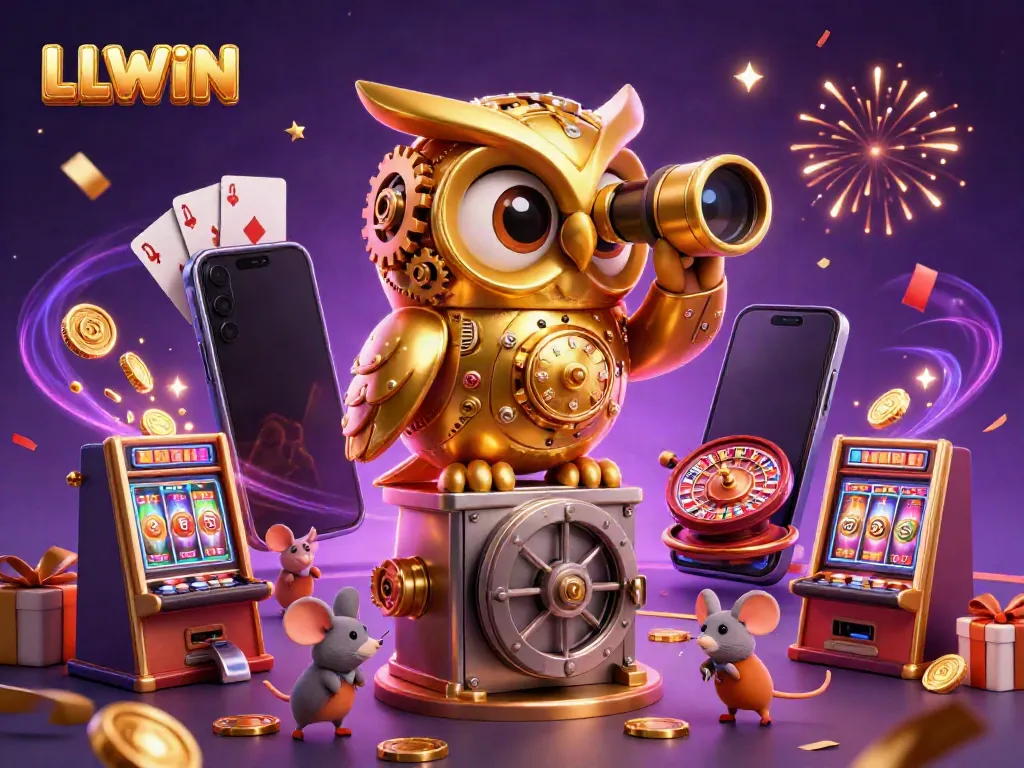 Experience the magical world of LLWIN, where a golden owl oversees dynamic casino games and winnings.