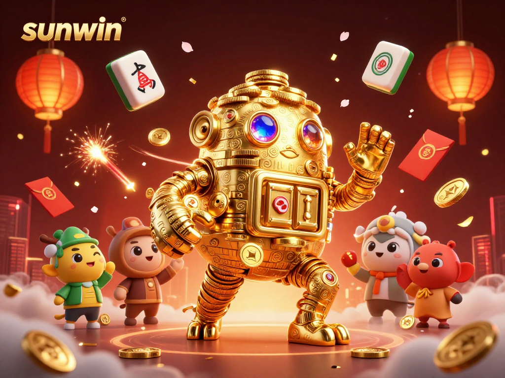 Win big with sunwin in an exciting 3D casino scene featuring golden golems and lucky symbols.