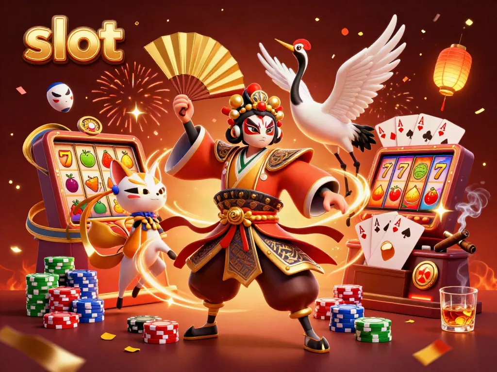 Experience thrilling slot gameplay with dynamic characters surrounded by colorful slot elements and poker chips.
