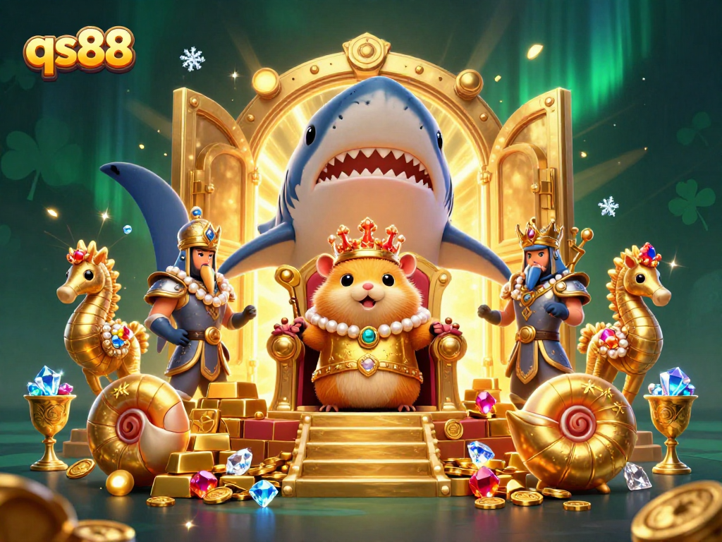 Place bets at qs88, a vibrant casino scene featuring a fierce golden hamster king on a megalodon throne surrounded by treasures.