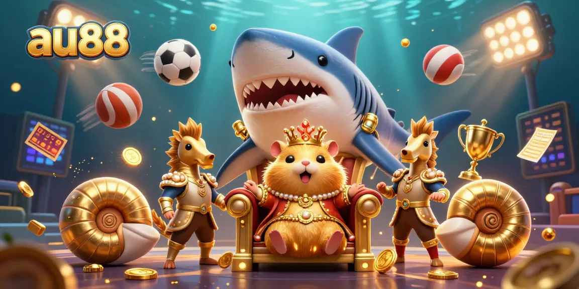 au88 showcases a vibrant casino-themed scene with a fierce golden hamster king and sports elements.
