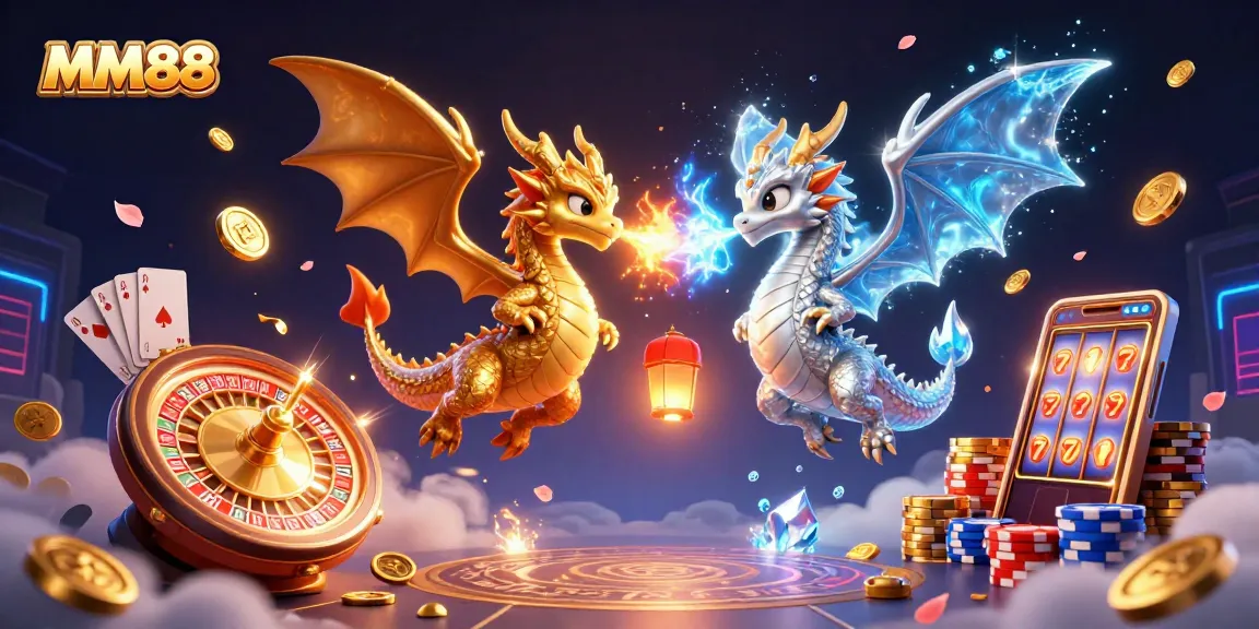 Engage in thrilling MM88 casino adventures with gold and silver dragons amidst dynamic gambling elements.
