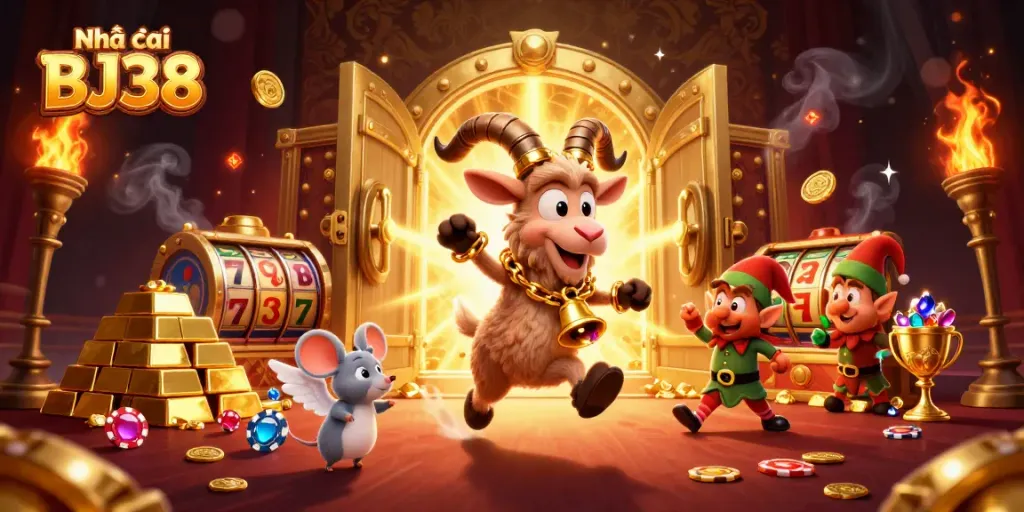 Engage in thrilling moments at Nhà cái BJ38 with a festive casino scene featuring lively characters.
