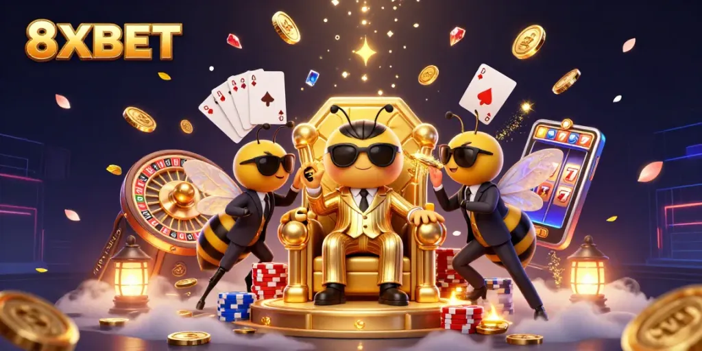 Engage with 8XBET's exciting online gaming experiences filled with gold coins, roulette wheels, and vibrant gameplay elements.