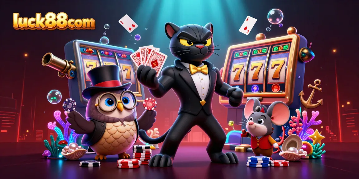 Experience the excitement of luck88com with a vibrant 3D illustration featuring a stylish black panther dealer, poker elements, and treasure.