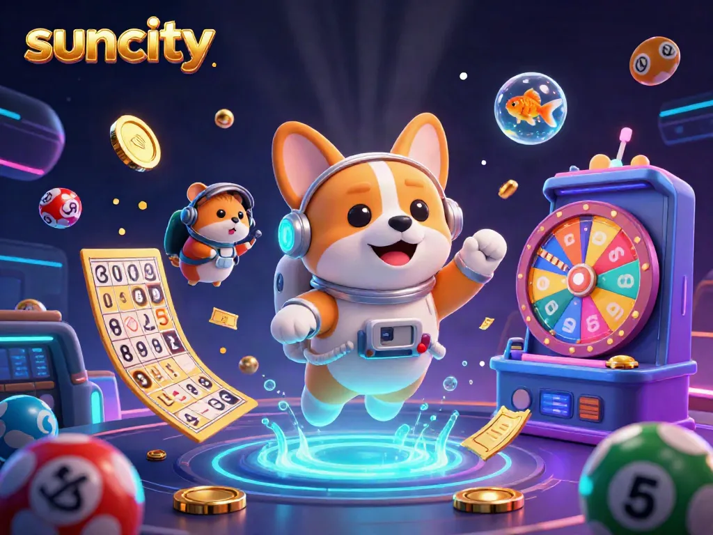 Engage in thrilling gameplay at suncity casino with floating astronaut corgi, poker chips, and lottery balls.