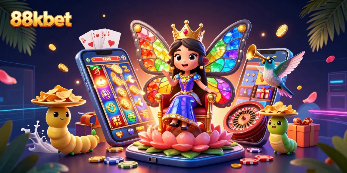 Bet on vibrant games at 88kbet with a lively 3D casino illustration featuring dynamic characters and thrilling gaming elements.