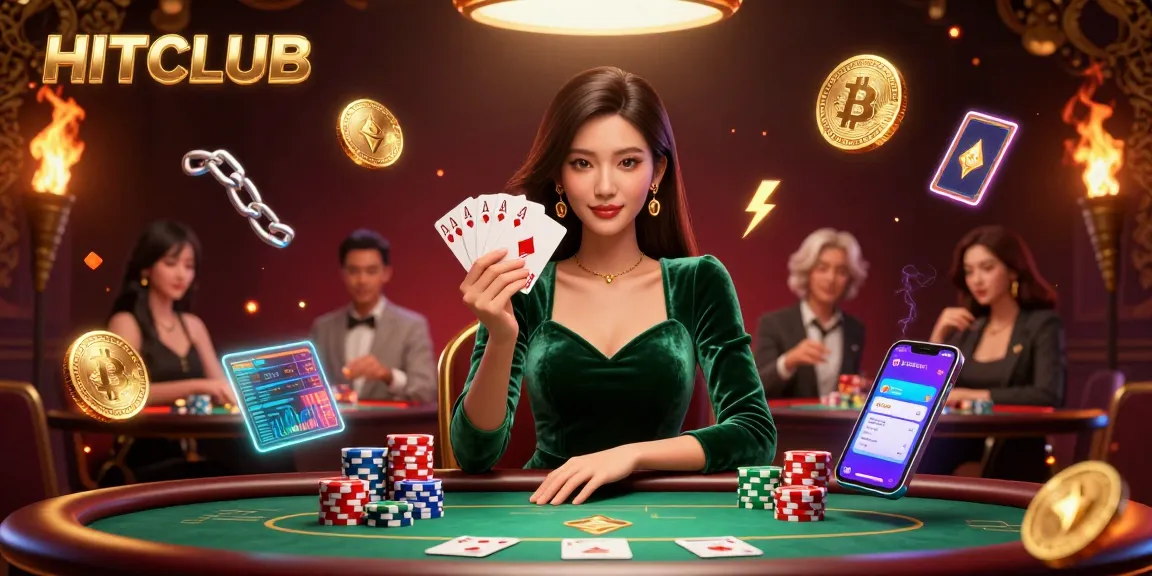 Experience high-stakes gaming with HITCLUB as a beautiful Asian woman plays poker at a luxury table.