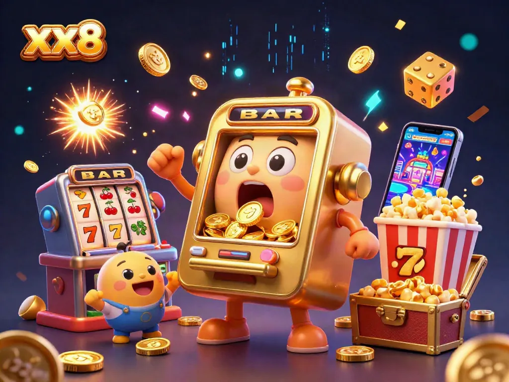 Engage with the dynamic xx8 slot machines celebrating a jackpot win amidst vibrant casino elements.