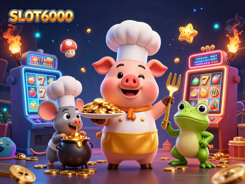 Join the excitement of SLOT6000's dynamic gaming world with slots, characters, and glowing elements!