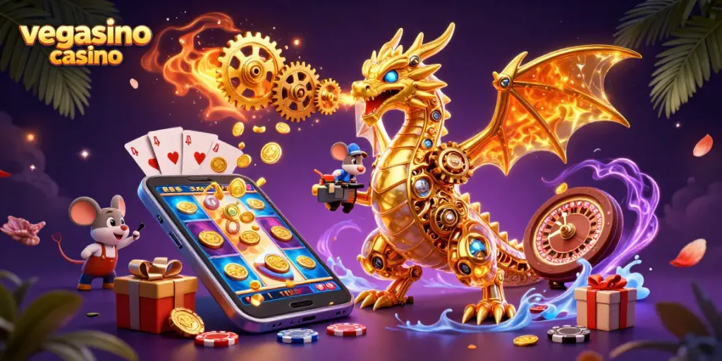 Experience the thrill of vegasino casino as the golden dragon breathes gears and cogs amidst vibrant gaming elements.