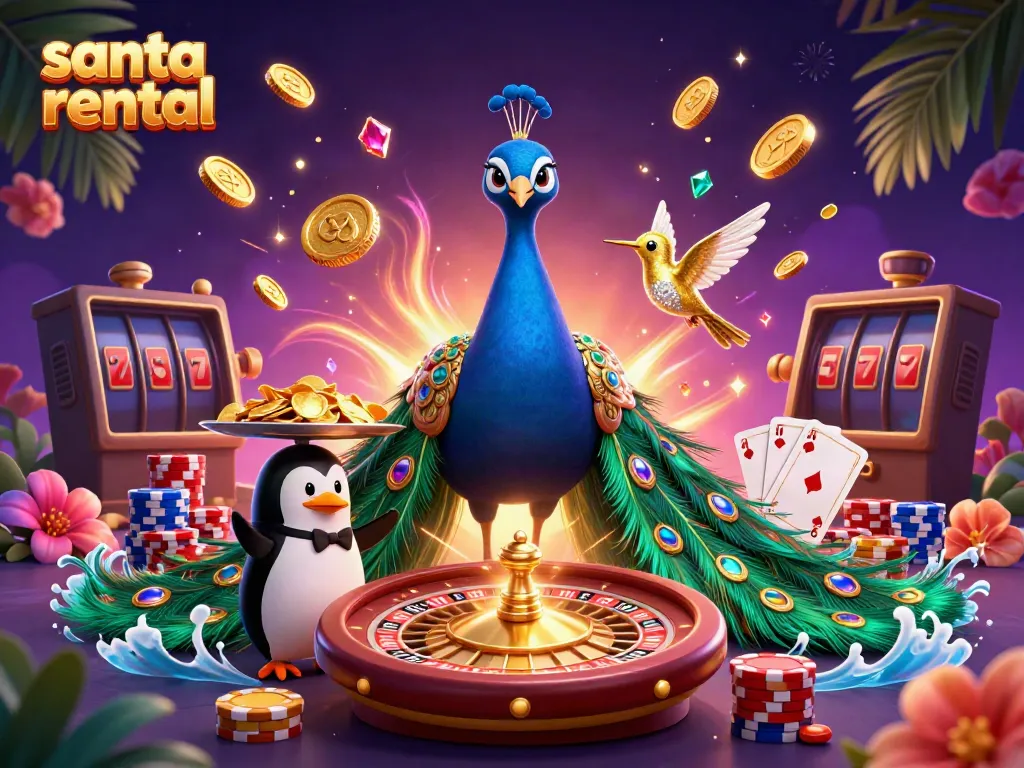 Engage with Santa rental fun as cartoon characters enhance vivid casino-themed excitement.