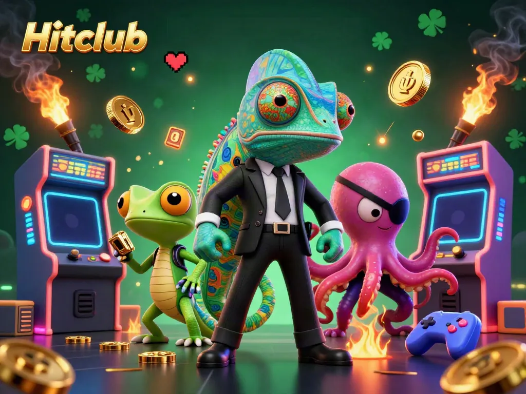 Engage with Hitclub's vibrant arcade scene filled with colorful gaming elements and dynamic casino characters.