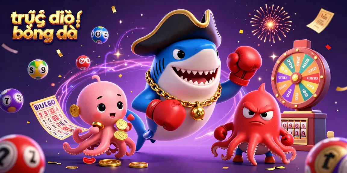Bet on trực tiếp bóng đá with excitement as colorful lottery balls and gold coins fly around charismatic characters.