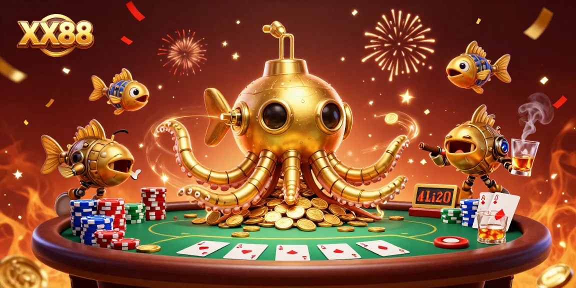 Join the action at XX88 with a golden kraken submarine among poker chips and cards in this vibrant casino scene.