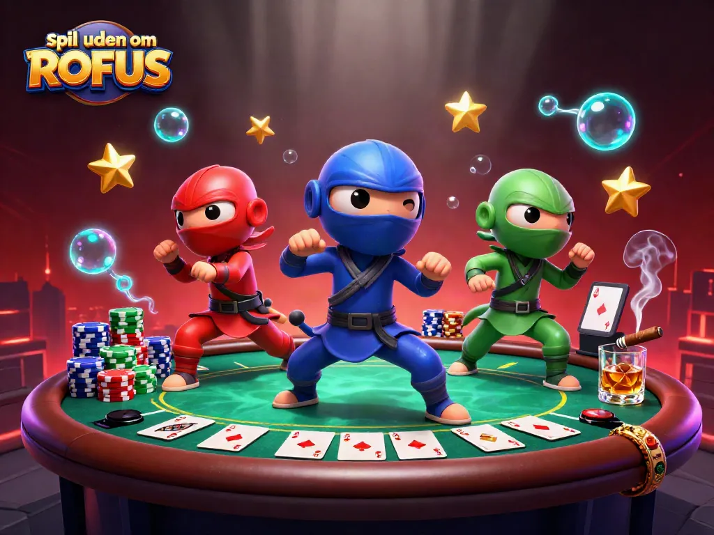 Engage in thrilling action at spil uden om ROFUS with ninja chameleons amidst poker excitement.