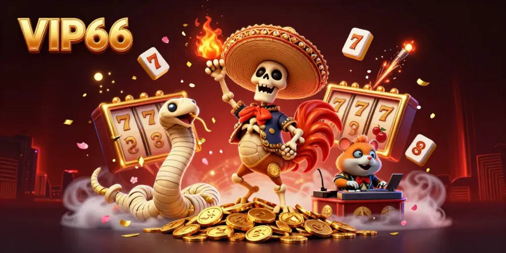 Experience the excitement of VIP66 with a vibrant 3D casino scene featuring animated characters and slot elements.