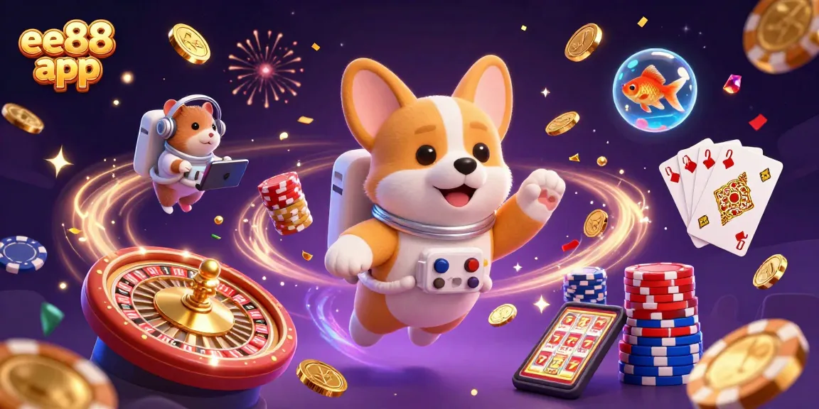 Experience the thrill of the ee88 app with the vibrant space casino scene showcasing floating coins and games.