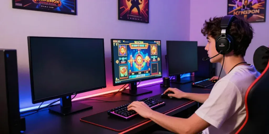 Player enjoying KING999 slot games on a vibrant gaming setup with modern accessories.