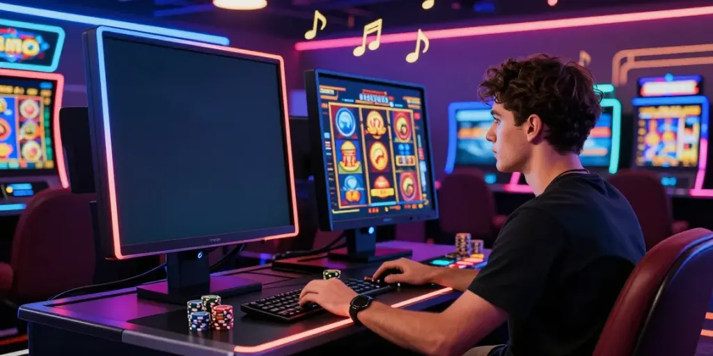 Player engaging with slot online games at a modern gaming setup, showcasing excitement and vibrant graphics.