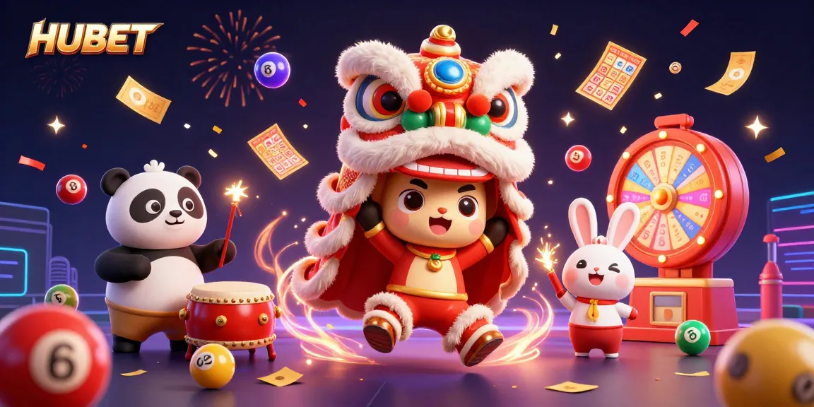 Experience the excitement of HUBET with a vibrant lottery scene featuring dynamic game elements and animated characters.