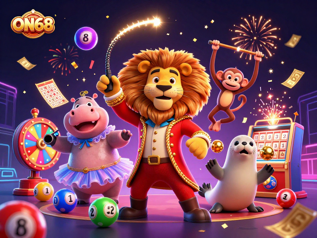 Experience vibrant gameplay at ON68 with a dynamic circus scene featuring colorful lottery elements.