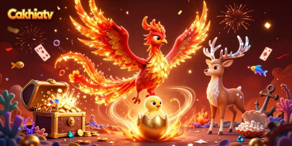 Cakhiatv showcases a vibrant casino scene with animated phoenix and treasure amidst dynamic gameplay.