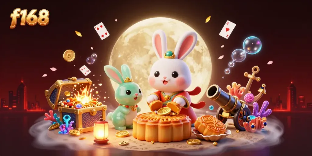 Experience f168's thrilling moonlit casino adventure with vibrant characters and glowing treasures.