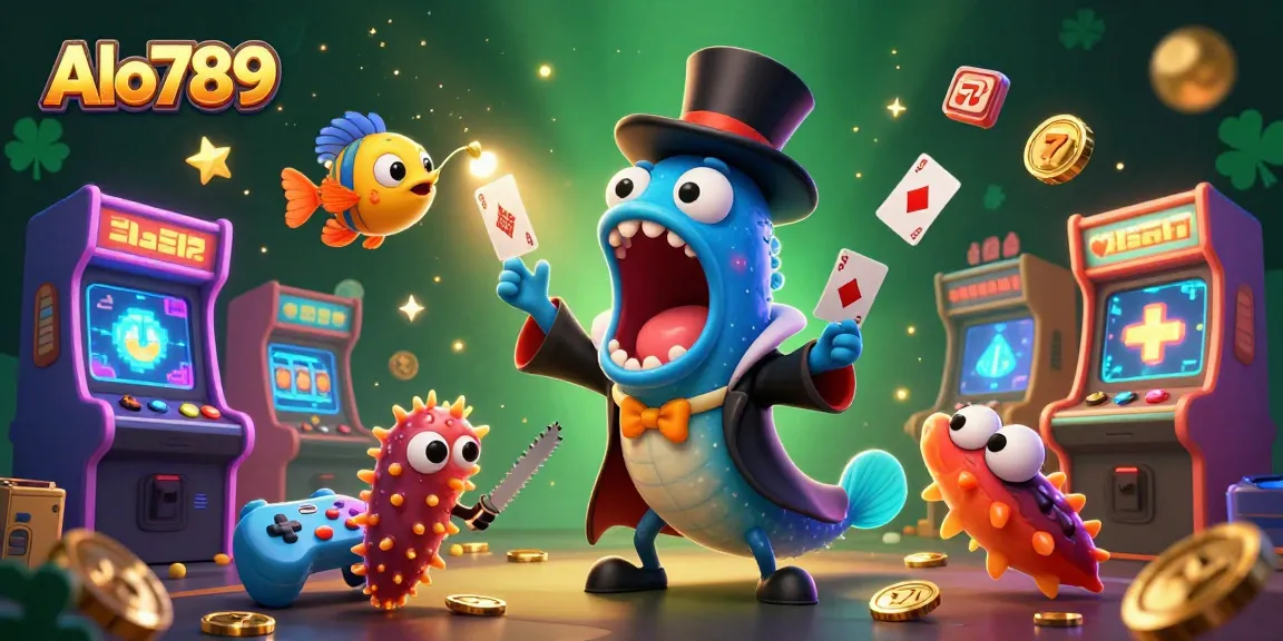 Alo789 showcases a vibrant casino scene where characters perform magic amidst colorful gaming elements.