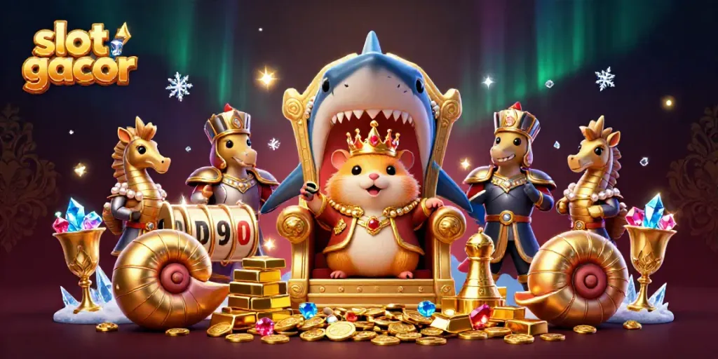 Engage in the excitement of slot gacor with a vibrant 3D casino scene featuring a golden hamster king.