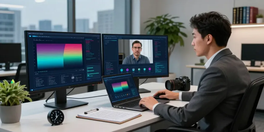 Cybersecurity news analyst at a modern office, showcasing real-time dashboards and threat intelligence analysis.