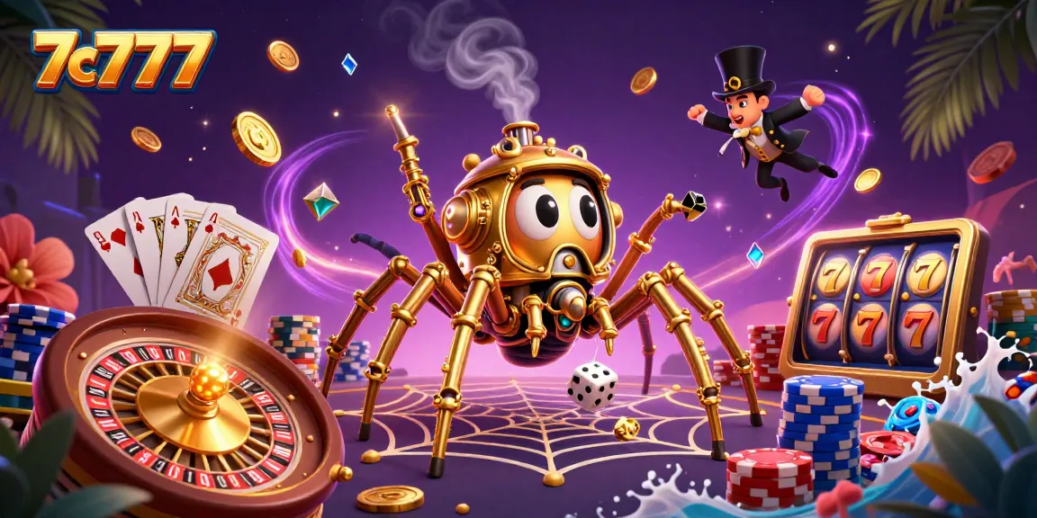 Visualize wins with 7c777: a whimsical 3D scene showcasing a steampunk spider and poker chips.