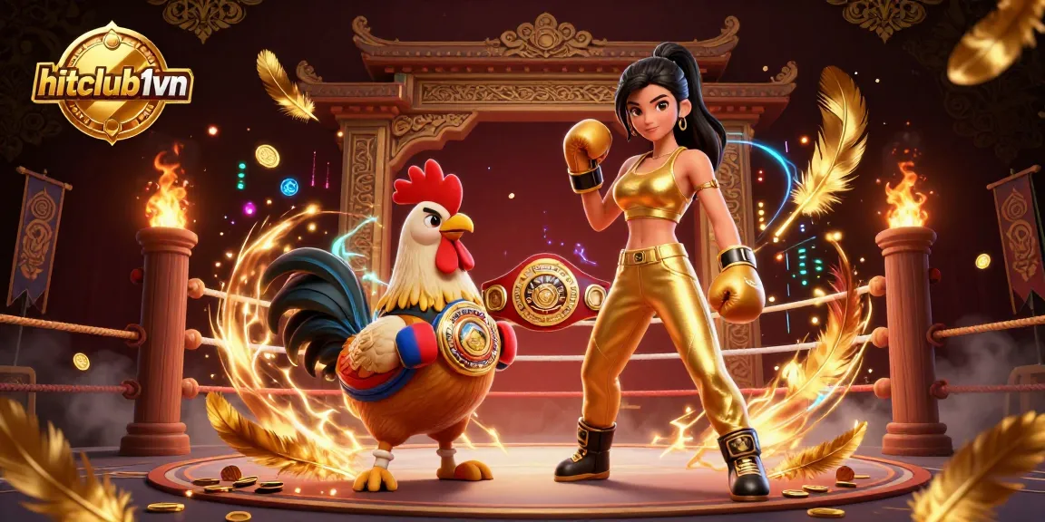 Experience the exhilarating action of hitclub1vn with a dynamic scene featuring a powerful woman, a championship rooster, and immersive casino elements.