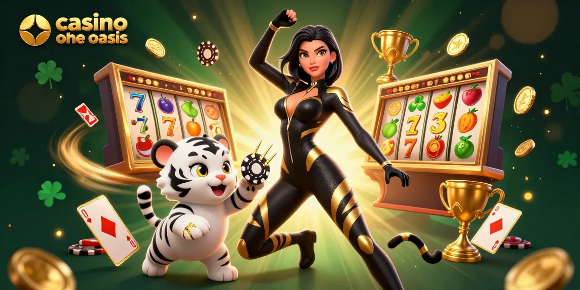 Play exciting games at casino ohne oasis with a dynamic 3D scene of a woman in a stylish catsuit and a playful baby tiger.