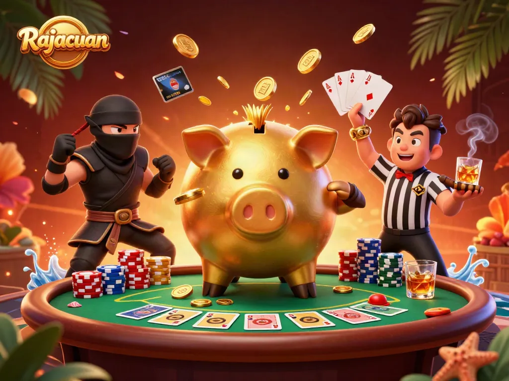 Rajacuan showcases a lively casino scene with a cartoon piggy bank sumo wrestler surrounded by vibrant poker elements.