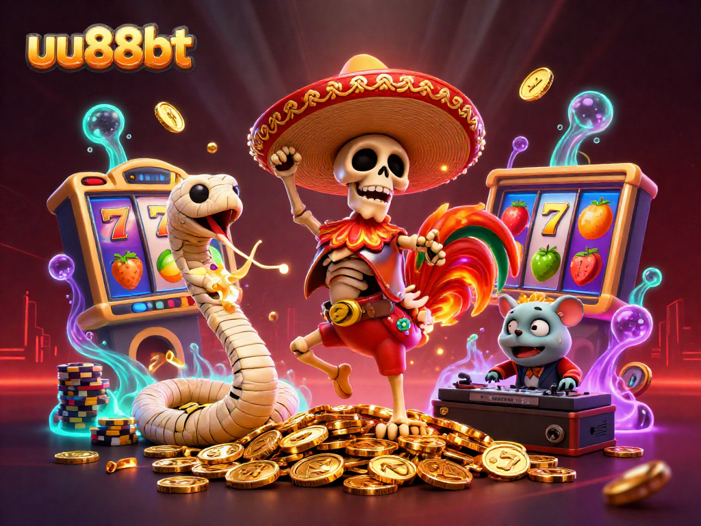 Experience the excitement with uu88bt as you spin slot reels amongst a vibrant casino scene.